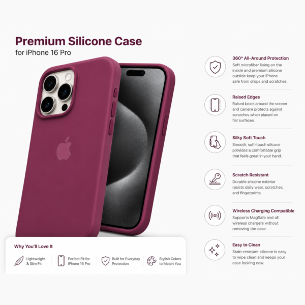 Second image of iPhone 16 Pro Silicone Case – Solid Wine Soft-Touch Protective Cover | Slim & Stylish Phone Case