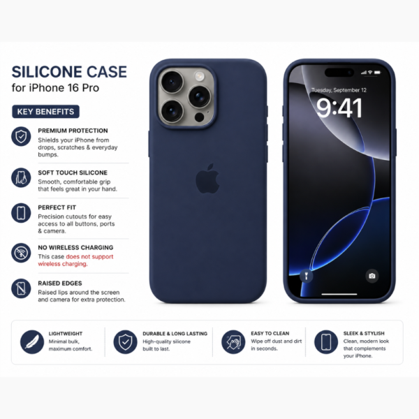 Second image of iPhone 16 Pro Silicone Case – Navy Blue Soft-Touch Protective Cover | Slim & Stylish Phone Case