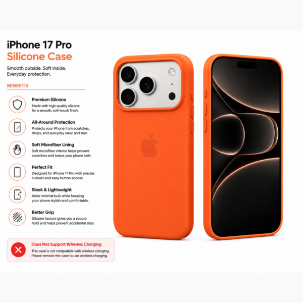 Second image of iPhone 17 Pro Silicone Case – Orange Soft-Touch Protective Cover | Slim Premium Case