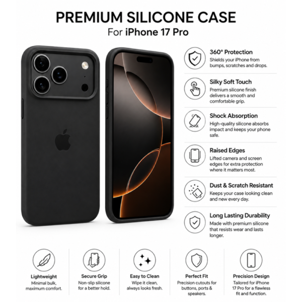Second image of iPhone 17 Pro Black Silicone Case – Premium Soft-Touch Slim Protective Cover