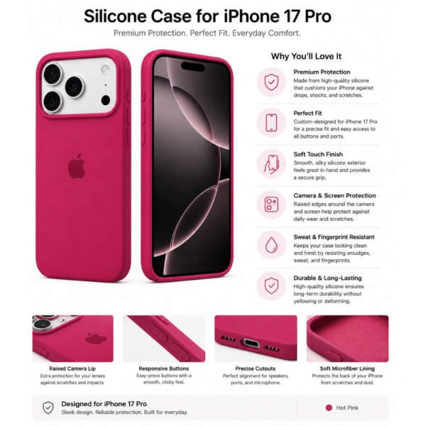 Second image of iPhone 17 Pro Pink Silicone Case – Soft-Touch Premium Protective Cover | Slim & Stylish