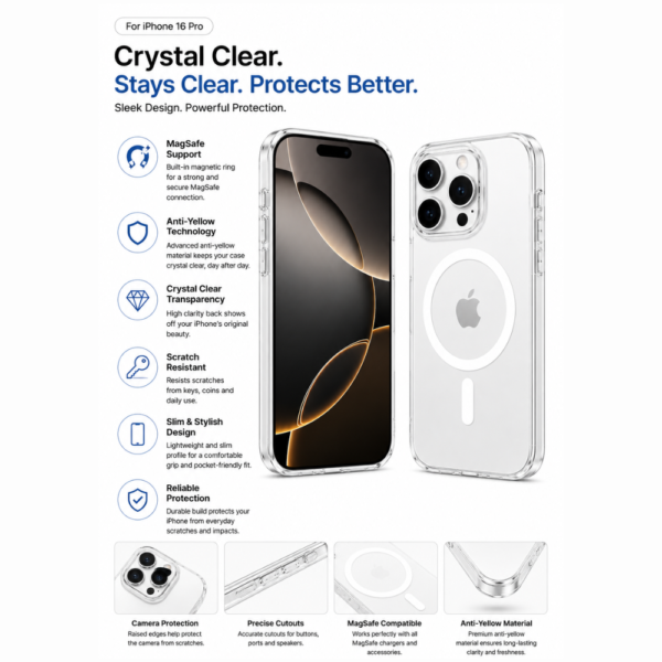 Second image of iPhone 16 Pro Clear MagSafe Case – Anti-Yellow Crystal Clear Protective Cover | Slim & Transparent